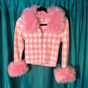 Pink Houndstooth Kids Jacket with Faux Fur Trim